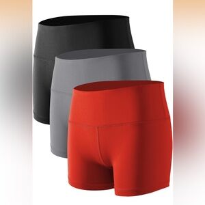 3 Pack red/gray/black womens high waist stretch athletic workout shorts w/pocket